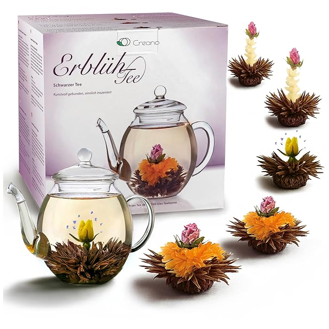 Creano Flowering Tea – Flower Tea Ball Gift set with 17oz Glass Teapot - Black tea - Bloomnest