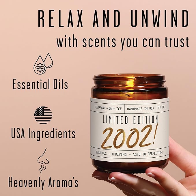 23rd Birthday Gifts for Women - 'Limited Edition 2002' Soy Candle, w/Champagne on Ice I 23 Birthday Gifts for Women I 23th Gift for Her Ideas I 9oz Reusable Jar, 50Hr Burn, Made in USA - Bloomnest