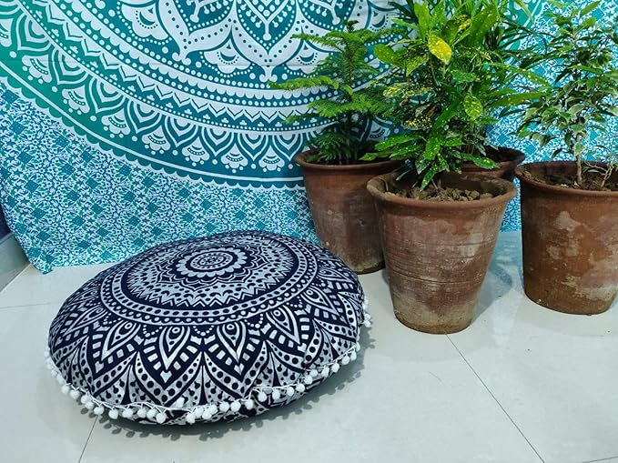 INDIAN CRAFT CASTLE 24" Blue Silver Mandala Barmeri Large Floor Pillow Cover Cushion Meditation Seating Ottoman Throw Cover Hippie Decorative Zipped Bohemian Pouf Ottoman Pom Pom Cases 24" Round - Bloomnest