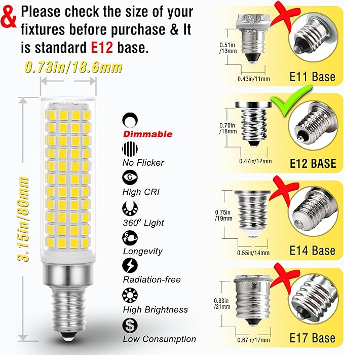 ALIDE E12 100W Dimmable Candelabra LED Light Bulbs Equivalent, Natural White 4000K,1000 Lumen C7 T6 Dimmable E12 10W LED Chandelier Bulbs for Ceiling Fan Pendant Salt Lamp,5 Pack - Bloomnest