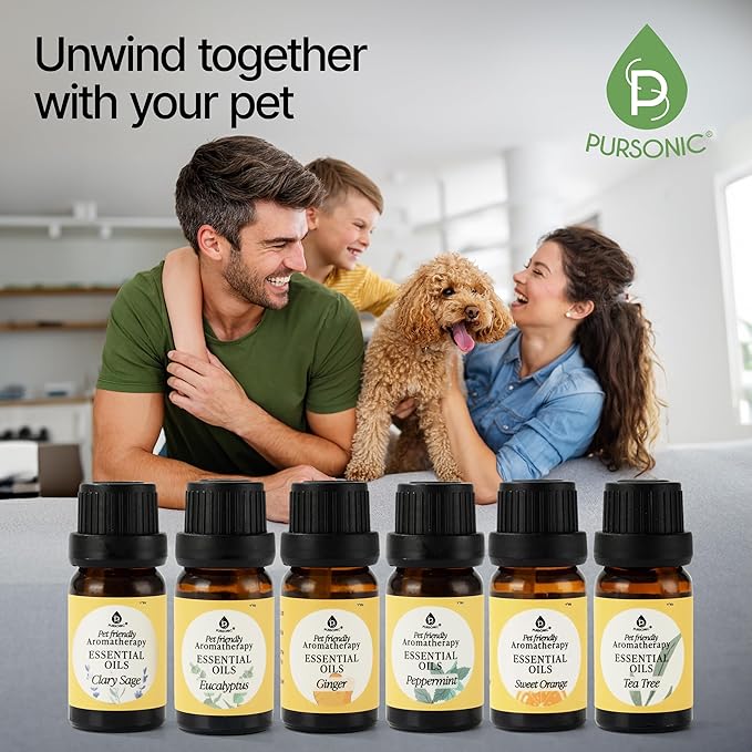 Pursonic Pet-Friendly Aromatherapy Oil Blends, 6-Piece Set with Eucalyptus, Sweet Orange, Peppermint, Clary Sage, Tea Tree, Ginger - Vet-Approved, Pet-Safe Aromatherapy, 10 ML - Bloomnest