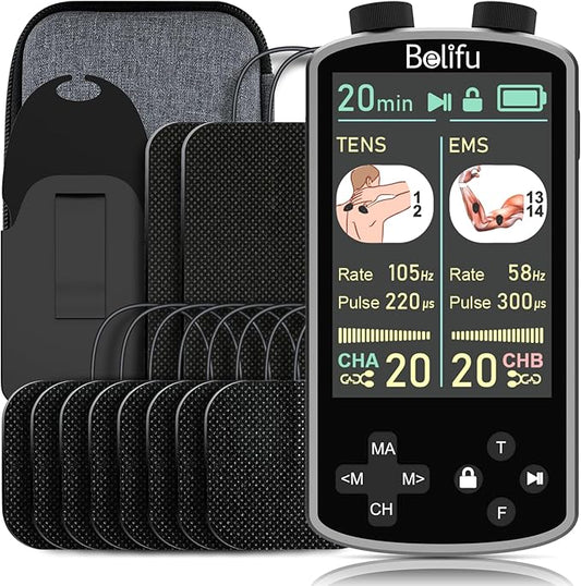 TENS EMS Unit Muscle Stimulator for Pain Relief Therapy - 4 in 1 TENS & EMS & Relax & Custom Frequency + Pulse - Muscle Massager 36 Modes 20 Intensity, Memory & Favorites Function with 600mAh Battery - Bloomnest