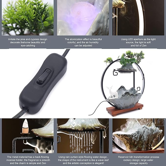 17In Water Fountains Indoor Tabletop Water Fall Humidifier W/LED Light & Atomizer Mist, Zen Decor Meditation Japanese Decor Fake Plants Feng Shui Decor Festival Birthday Gift Good Luck Wealth - Bloomnest