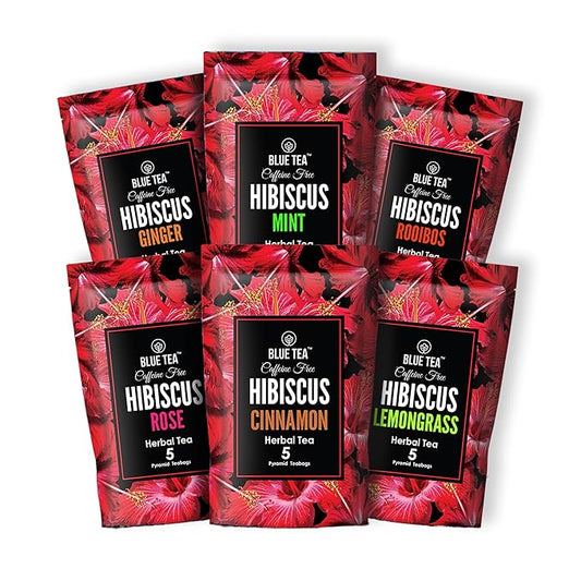 BLUE TEA - Hibiscus Assorted Tea Gift Set | 30 Count - Pyramid Plant Based Tea Bag - 6 Floral Blends | VARIETY PACK | Caffeine-Free - Flower Based - Non-Bitter - Vegan | Gifts for Him and Her - Bloomnest