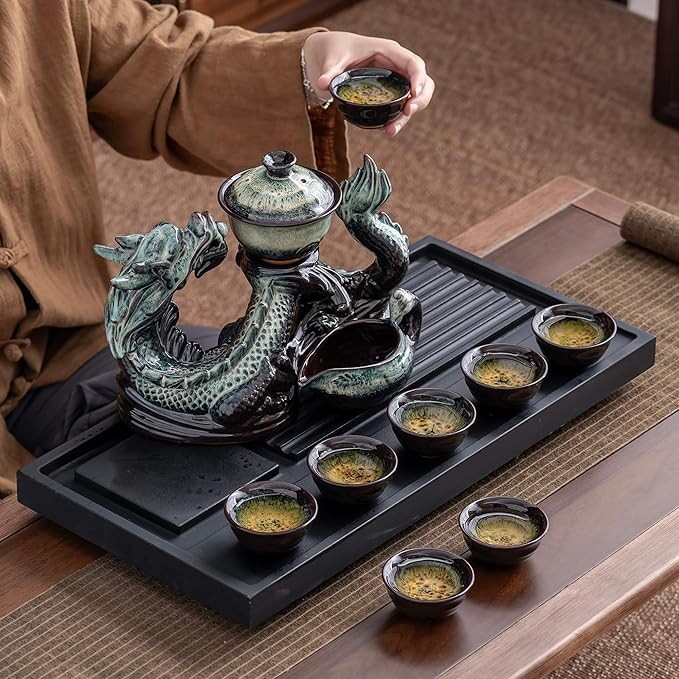 Ceramic Teapot with Infuser Semi Automatic Tea Set Magic Teapot with 8 cups Gradient Color (Gradient Dragon- A) - Bloomnest