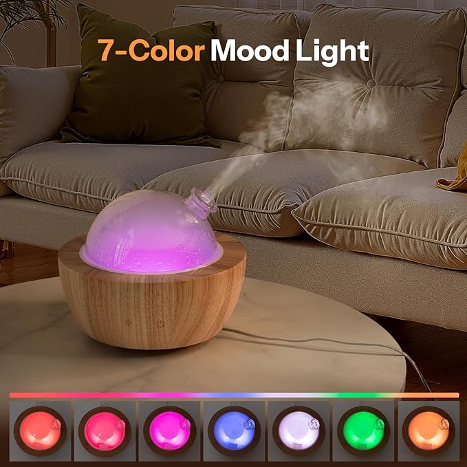 Wanlola 280ml Glass Essential Oil Diffuser with Natural Wood Base, The 2025 Upgrade Aromatherapy Diffusers for Home, Cool Mist Air Aroma Diffuse Humidifier with 7 Color Lights for Office, Bedroom Wanlola
