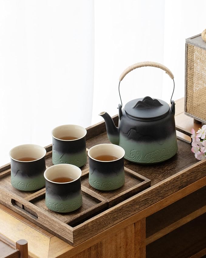 ZENS Vintage Japanese Tea Set with 4 Tea Cups, 33.8 oz Embossed Ceramic Loose Leaf Teapot with Built-in Strainers for Tea Steeper, Hemp Rope Handle Gradient Japanese Tea Pot for Tea Lovers Gifts - Bloomnest