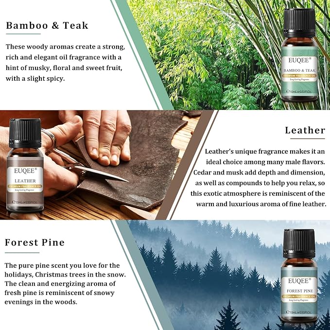 EUQEE Fragrance Oils Gift Set Premium Woody Scented Oil - Forest Pine, Warm Rustic Woods, Bamboo & Teak, Cedarwood, Leather, Sweet Tobacc(Honeyed Haze), for Diffuser, Soap Making, Candle - 6x10ml EUQEE