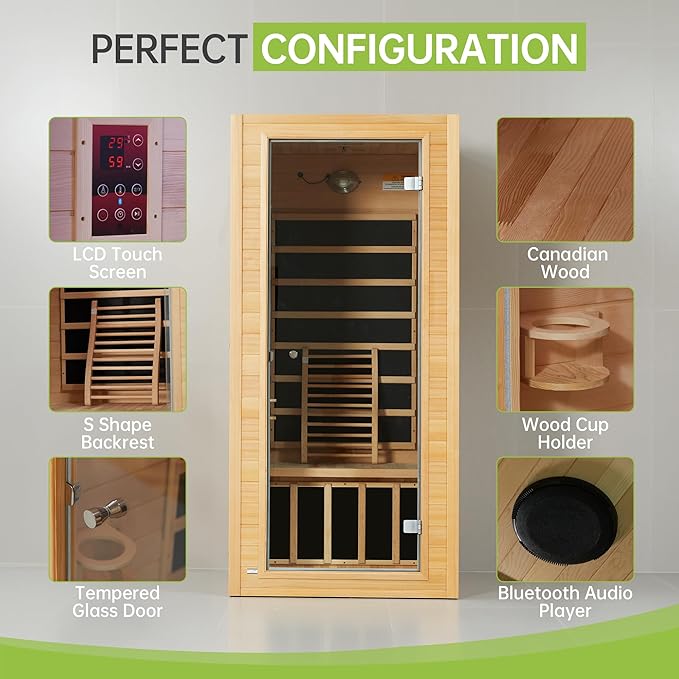 Real Relax 1 Person Infrared Sauna, Indoor Near Zero EMF Canadian Hemlock Wood Sauna with 1400W, 9 Chromo Therapy Lights, Oxygen Lonizer, Bluetooth, LCD Control Pannel for Home Spa Days RealRelax