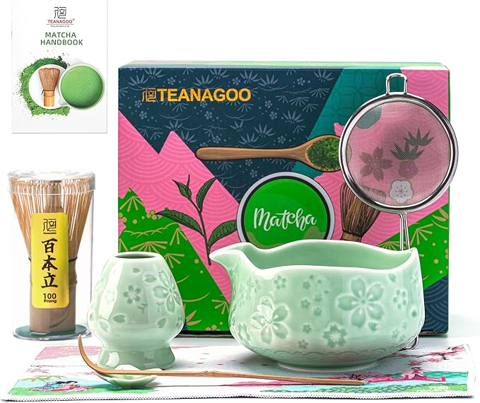 TEANAGOO Matcha Whisk Set,7 Pcs Matcha Set Blue Green,Ceremony Matcha Kit,Matcha Tea Set for Making Latte,Ceramic Bowl(chawan) whith Spout and Whisk,Gift for Matcha Lovers - Bloomnest