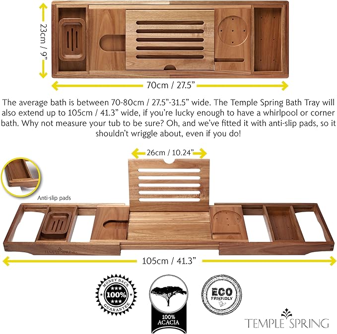 Temple Spring Wooden Bathtub Tray, Acacia Bathroom Accessories, Bath Tray for Tub, at Home Spa Essentials, Board for Tub Table, Bath Caddy for Bathtub Accessories & Bathroom Essentials - Not Teak - Bloomnest