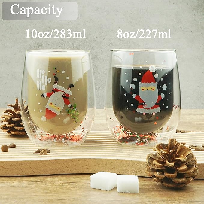 Christmas Mugs, 8 oz Double Wall Insulated Glass Coffee Mugs Set of 4, Cute Funny Mugs Coffee Cups for Cappuccino, Latte, Americano, Tea, Wine and Beverage - Bloomnest