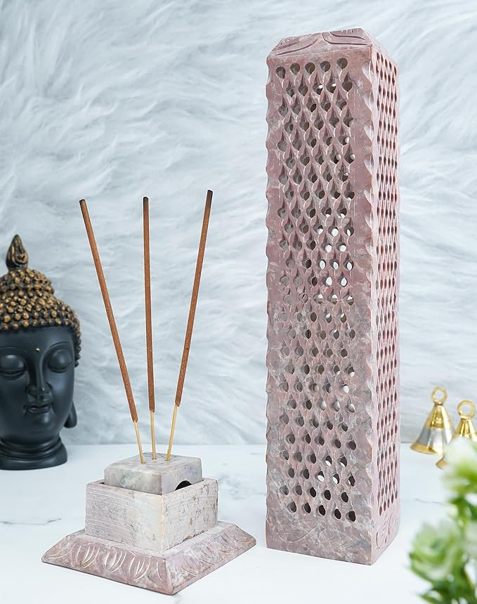Crocon Handmade Incense Tower Candle Stick Holder Soapstone Leaf Design Tea Light Tower Burner | Candles Stand |Office Decor Room Fragrance Decorative Kitchen Home Spa Great Gift Set - 11X3X3 Inch