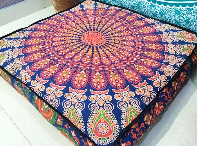 ICC 24" Orange Peacock Mandala Barmeri Large Floor Pillow Cover Cushion Meditation Seating Ottoman Throw Cover Hippie Decorative Zipped Bohemian Pouf Ottoman Pom Pom Cases 24" Square - Bloomnest