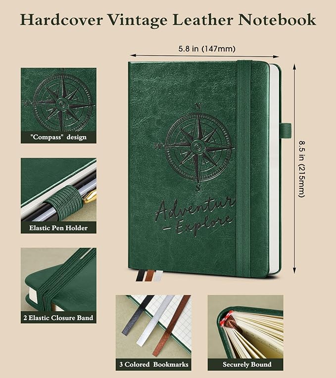 Graph Notebook for Women Men, 160 Pages Grid Paper, Graphing Notebooks for School, Work, Quad Ruled, Inner Pocket, A5 Hardcover Vintage Leather Journals for Writing, 5.8"x8.5" (Green) - Bloomnest