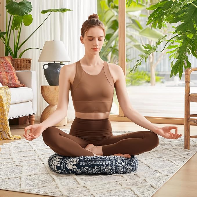 Codi Meditation Floor Pillow, Boho Pillows Seating for Adults and Kids, Large Round Cushion for Yoga Living Room Tatami Sitting, Memory Foam Added, 22x22 Inch, Indigo Elephant - Bloomnest