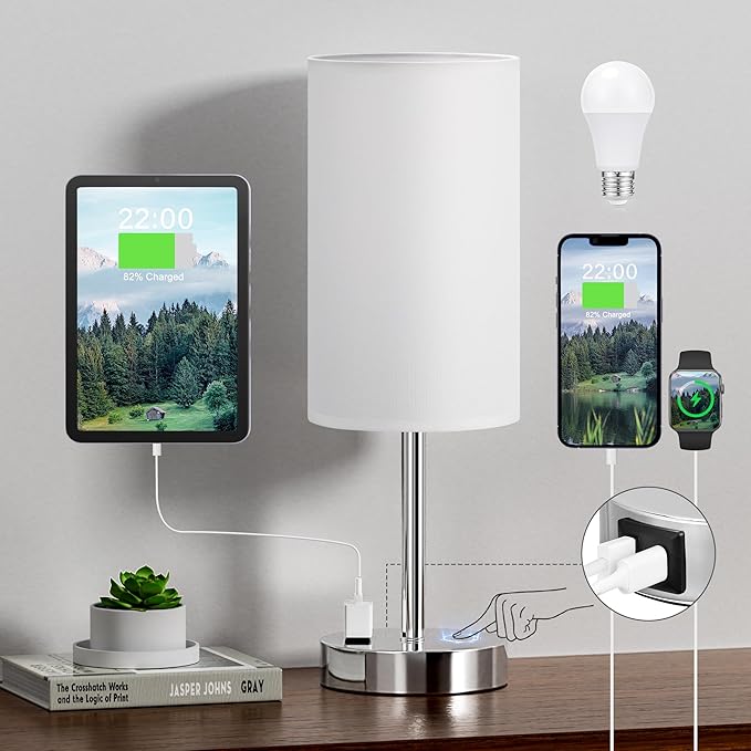 Fenmzee Touch Bedside Lamp - White, 3-Way Dimmable, USB A + C Charging, AC Outlet, 17.4inch Medium - Bloomnest