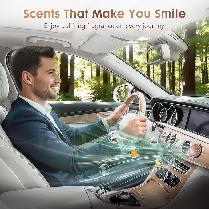 Wooden Car Air Freshener Vent Clip, Refillable Essential Oil Diffuser with Long-Lasting Natural Scent, North American Walnut & Metal Auto Deodorizer, Includes 2 Clips + 4 Plaster Refills - Bloomnest