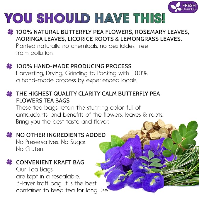FreshDrinkUS, Clarity Calm Butterfly Pea Flower Tea – 60 Tea Bags Herbal Blend of Butterfly Pea Flower, Rosemary, Moringa, Lemongrass & Licorice Root – Caffeine-Free. Sugar-Free. Gluten-Free. Vegan - Bloomnest