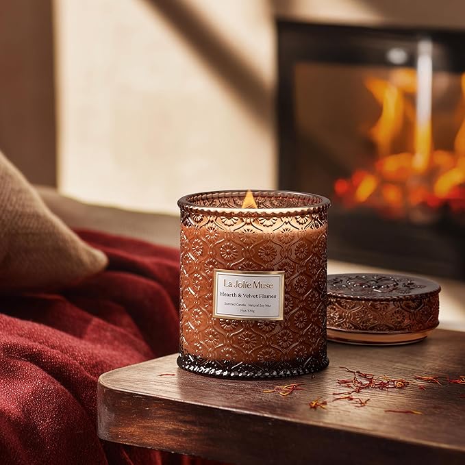 LA JOLIE MUSE Christmas Candles | Hearth & Velvet Flames | Saffron, Clove & Vanilla | 19 oz Large Wooden Wick Soy Candle | 90-Hour Clean Burn | Holiday Candle Gift | Gift-Ready for Hosts & Festive Gat - Bloomnest