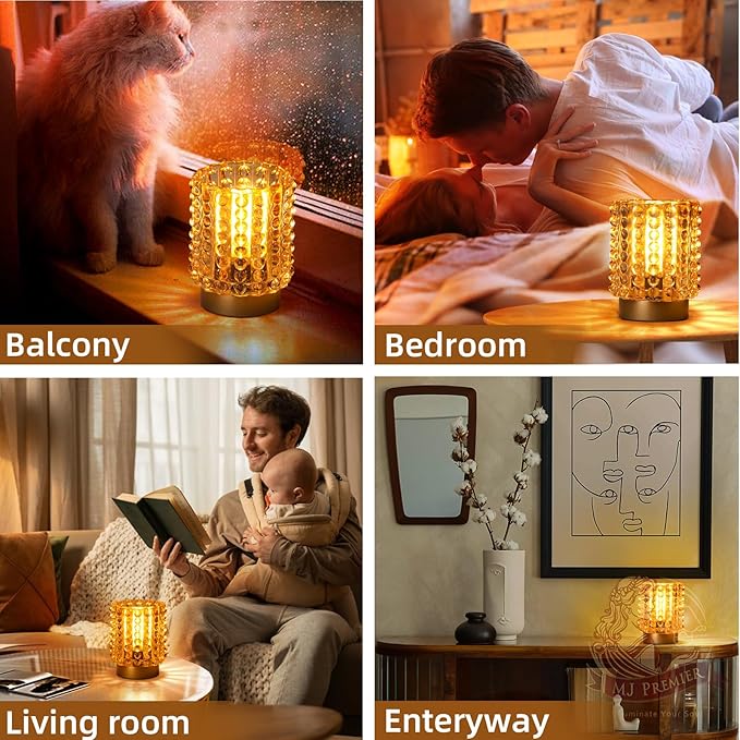 Battery Operated Lamp with Timer, Mini Crystal Table Lamps for Home Decor, Small Cordless Lamp for Areas No Outlets, Glass Battery Powered Lamps for Entryway, Bedroom, Bathroom, Shelf, Corner(Yellow) - Bloomnest