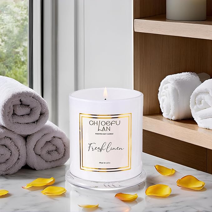 Chloefu LAN White Linen Candles, Luxury Scented Soy Jar Bathroom Candle, Highly Fragranced, Odor Eliminating Candles for Home, Air Freshing Soy Candle, White Glass Jar, Essential Oils, 75 Hours 10 oz - Bloomnest