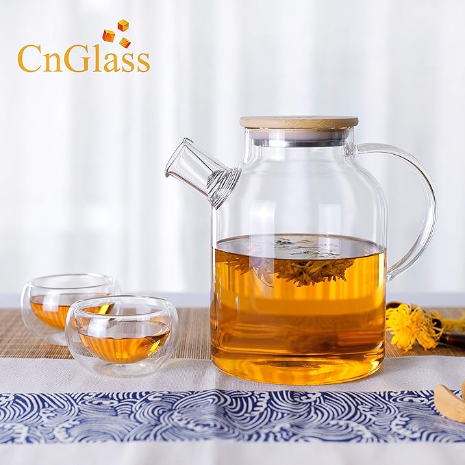 CnGlass Glass Teapot Stovetop Safe,50.7oz Clear Glass Pitcher with Removable Filter Spout for Loose Leaf and Blooming Teabag - Bloomnest
