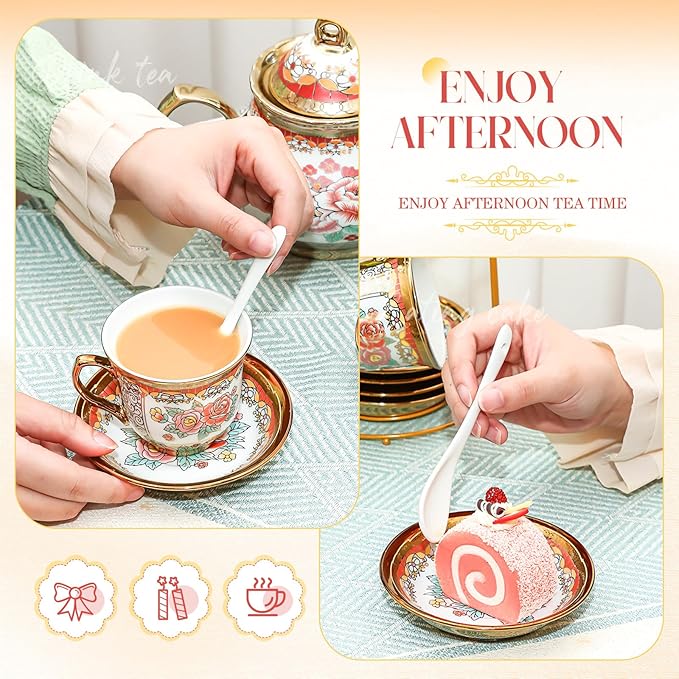 20 Pcs Porcelain Tea Set for Adults with Metal Holder and Spoon European Ceramic Tea Party Set Flower Painting Teapot Cup Saucer for Christmas Women Gifts, Serving 6 People(Classic) - Bloomnest