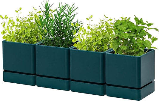 4 Inch Herb Planter Pot, Plastic Planter with Drainage Holes and Saucer, Modern Decorative Gardening Pot for Indoor Plants, Flowers, Herbs, Succulents, Green, Set of 4, 76-Y-C-4 - Bloomnest