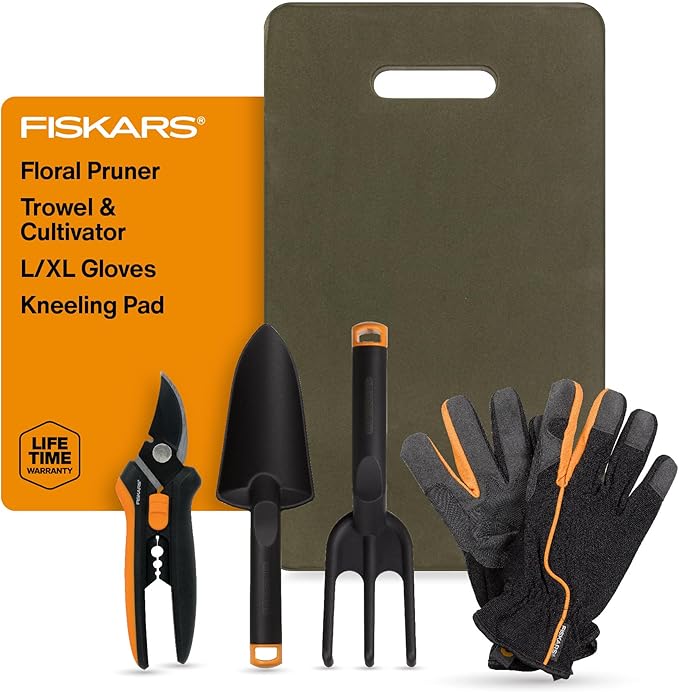 Fiskars Flower Gardening Tool Set with Floral Pruner, Trowel, Cultivator, Garden Gloves, and Ultra-Light Kneeling Cushion for Outdoor Use (5 Piece Kit) - Bloomnest