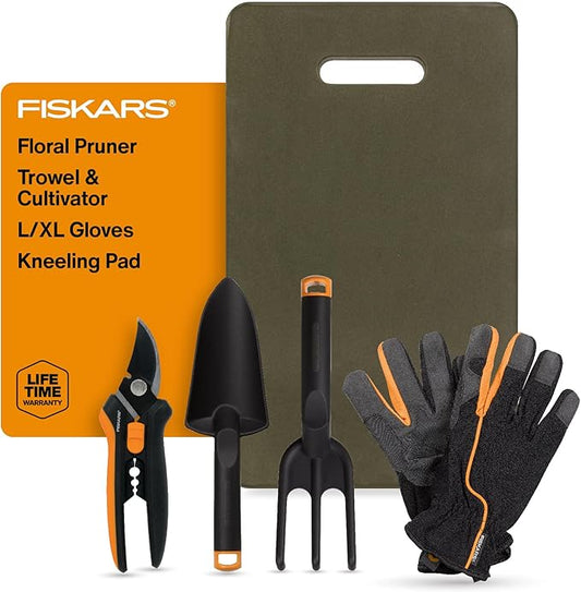 Fiskars Flower Gardening Tool Set with Floral Pruner, Trowel, Cultivator, Garden Gloves, and Ultra-Light Kneeling Cushion for Outdoor Use (5 Piece Kit) - Bloomnest