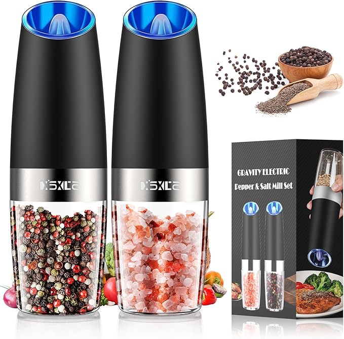 XinXu Gravity Electric Pepper and Salt Grinder Set, Adjustable Coarseness, with LED Light, One Hand Automatic Operation (Set/Black X) - Bloomnest