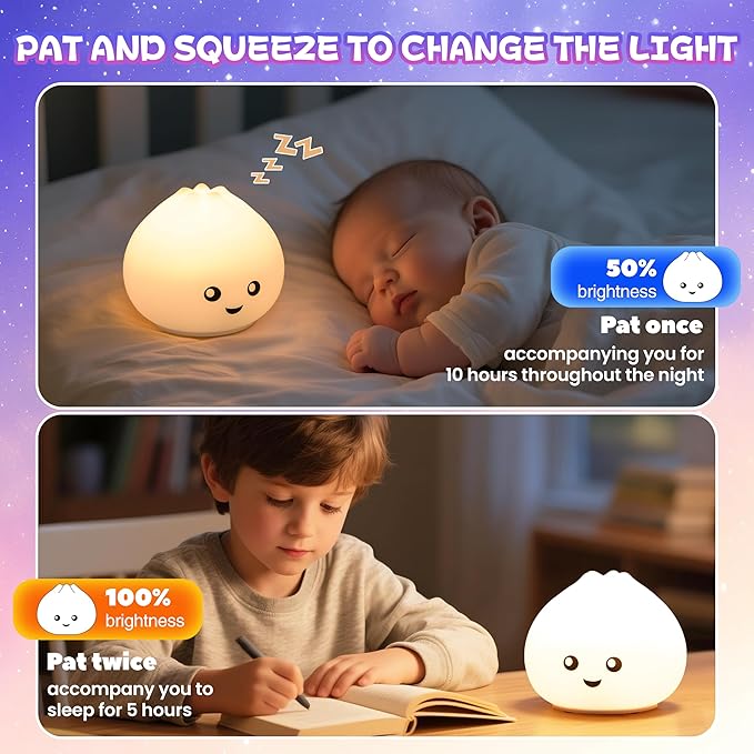Night Light for Kids, Rechargeable Dimmable Silicone LED Nightlight with 7 Colors, Baby Nursery Night Lamp, Touch Squishy Lamp, Cute Gifts for Girls, Boys, Toddler Room Decor, Dumpling - Bloomnest