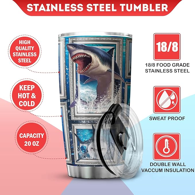 Shark Tumbler Cup With Lid Blue Ocean Themed Coffee Mugs For Women Sharks Underwater Sea Animal Print Tumblers Stainless Steel 20 Oz Holiday Christmas Gift Cool Shark Things - Bloomnest