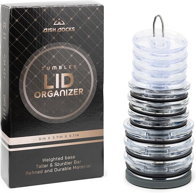 Tumbler Lid Organizer for Cabinet & Countertop - Slim Space-Saving Lid Holder with 9" Sturdy Bar & Weighted, Non-Slip Base - Vertical Storage Cup Lid Organizer - Collapsible Lid Rack for 10 Lids - Bloomnest