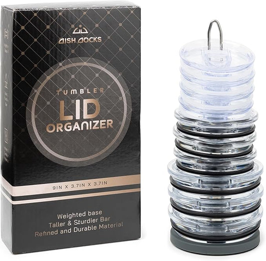 Tumbler Lid Organizer for Cabinet & Countertop - Slim Space-Saving Lid Holder with 9" Sturdy Bar & Weighted, Non-Slip Base - Vertical Storage Cup Lid Organizer - Collapsible Lid Rack for 10 Lids - Bloomnest