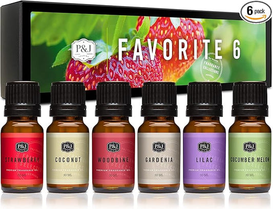 P&J Fragrance Oil Favorites Set | Strawberry, Coconut, Woodbine, Gardenia, Lilac, Cucumber Melon Scents for Candle Making, Soap Making Supplies, Diffuser Oils Scents - Bloomnest