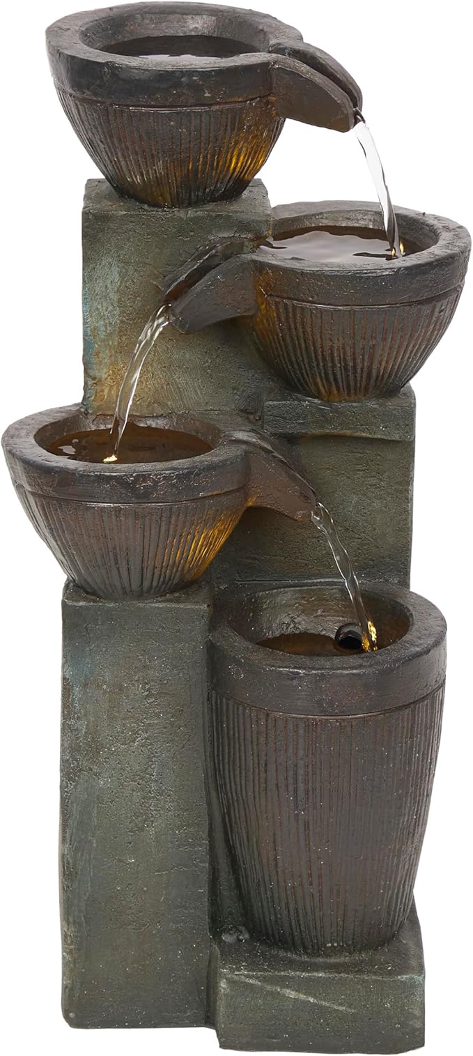 Alpine Corporation TZL416 14" Stoned Jar Water Fountain with Cascading LED Lights, Stylish Tabletop Water Feature for Home, Office, Living Room, Bedroom & Desk Decor, Gray - Bloomnest