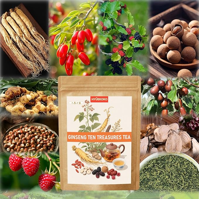 20 Bags Ginseng Ten Treasures Tea, Caffeine-Free Natural Ingredients Herbal Tea Bags, No Additives, Kidney Tea for Men & Women - Bloomnest