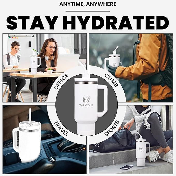 40 oz Insulated Tumbler with Handle and Straw - Stainless Steel Double Wall Vacuum Cup, Car Cup Holder Compatible Hot Cold Travel Mug, BPA Free Reusable Water Bottle for Women Men, Pure white - Bloomnest