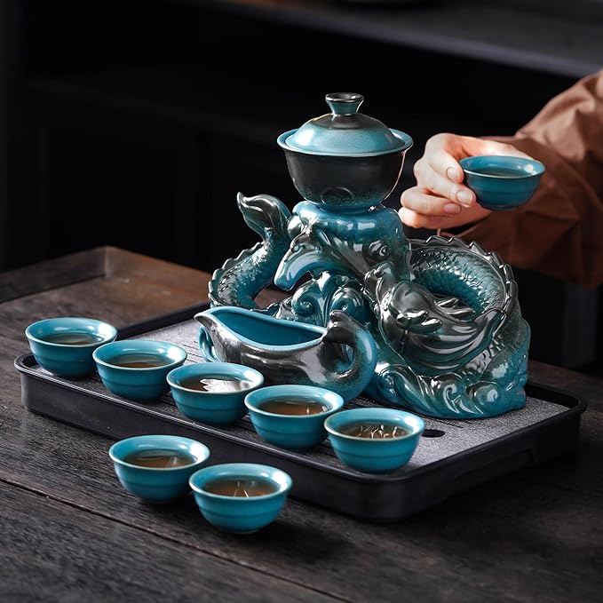 Semi Automatic Tea Set Ceramic Teapot with Infuser Magic Teapot with 8 cups (Light Blue Dragon-D) - Bloomnest