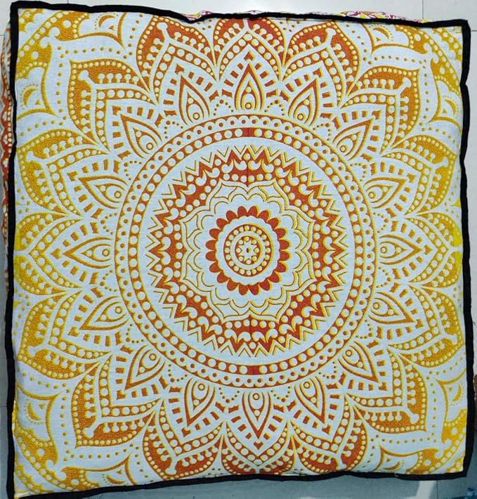 INDIAN CRAFT CASTLE 24" Yellow Ombre Mandala Barmeri Large Floor Pillow Cover Cushion Meditation Seating Ottoman Throw Cover Hippie Decorative Zipped Bohemian Pouf Ottoman Pom Pom Cases 24" Square - Bloomnest