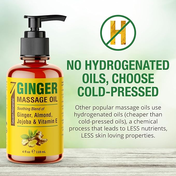 Seven Minerals Ginger Massage Oil for Lymphatic Drainage Massage Therapy - 4 oz - Warming and Ultra Relaxing - Therapeutic Grade Essential Oils Soothes Tired Muscles & Relaxes Mind and Body