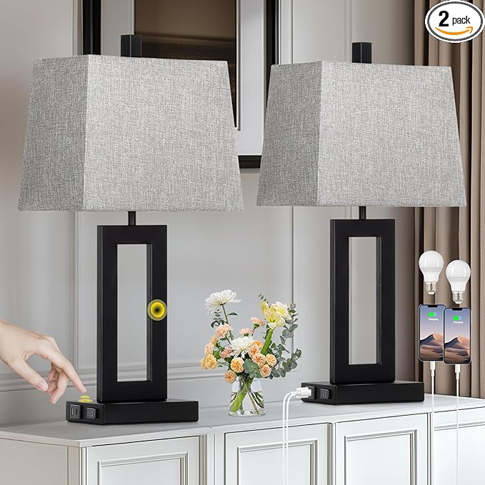 Touch Control Table Lamp Set of 2, Modern Black Bedside Lamps with USB C+A Ports & AC Outlet, 3 Way Dimmable Bedroom Lamps for Night Stands Bedroom Living Room,Nightstand Lamp - Bloomnest