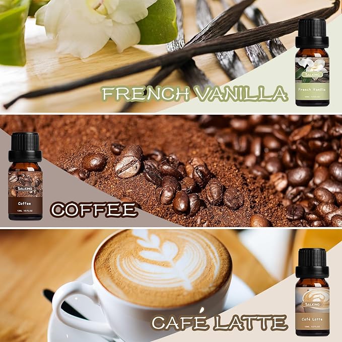 SALKING Coffee Shop Fragrance Oils Set, Premium Essential Oils Set for Diffuser, Scented Oil for Soap & Candle Making - Blueberry Pancakes, Coffee, Café Latte, Hot Chocolate, French Vanilla, Black Tea - Bloomnest