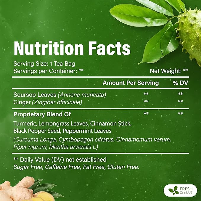 FreshDrinkUS, Super Soursop Herbal Tea – 60 Tea Bags | Soursop, Ginger, Turmeric, Lemongrass, Cinnamon, Black Pepper & Peppermint | Caffeine-Free, Natural Flavor, Plant-Based Blend | Sugar-Free - Bloomnest