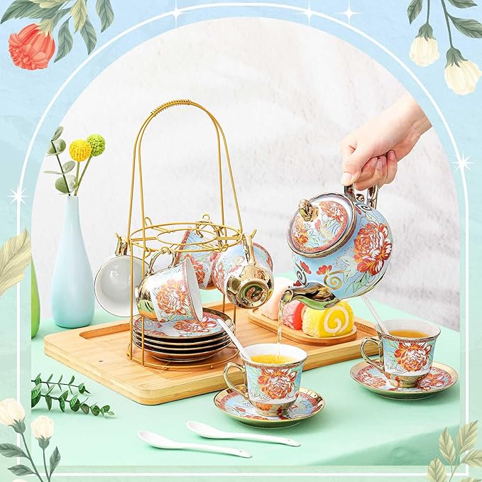Zhehao 20 Pcs Porcelain Tea Set with Metal Holder and Spoon Adult Ceramic Tea Set European Flower Painting Teapot Cup Saucer Spoon for Women, Large Version(Retro Style) - Bloomnest