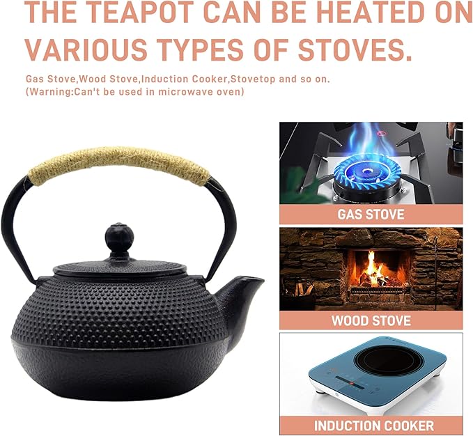 Japanese Tetsubin Cast Iron Teapot Tea Kettle pot with Stainless Steel Infuser for Stovetop Safe Coated with Enameled Interior (Black, 27.1oz) - Bloomnest
