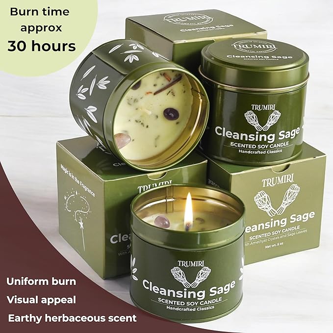 Sage Candle for Cleansing House Negative Energy - Pack of 3 x 5oz Soy Wax Natural Clean Organic Non Toxic - Aromatherapy Spiritual Meditation Gifts - Long Lasting Highly Scented Candel with Crystals TRUMIRI
