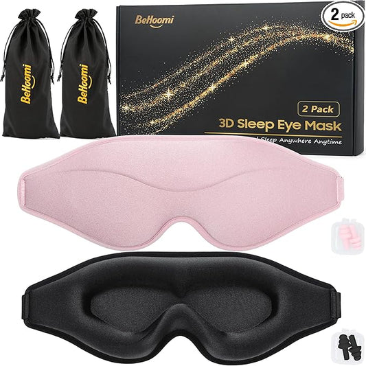 Sleep Mask, 2 Packs Premium Eye Mask for Sleeping, Total Blackout, Superior Soft Comfort, Upgraded 3D Ergonomic Designed Sleeping Mask for Home, Office, Travel, Meditation, Yoga, Black & Pink - Bloomnest